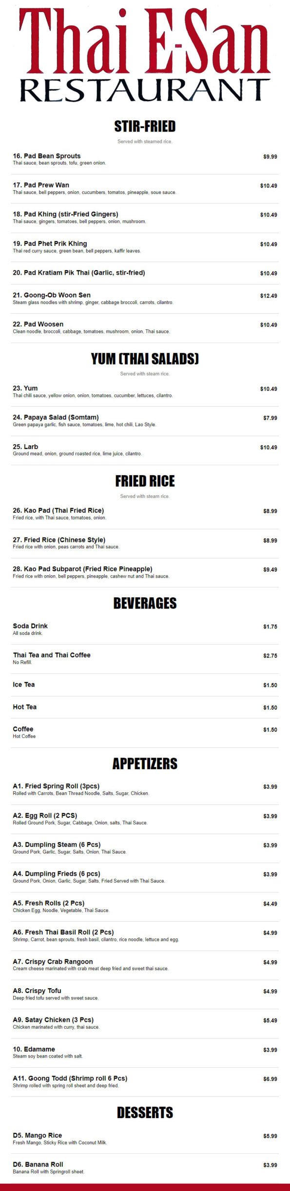 Thai E San - Fayetteville - Menu