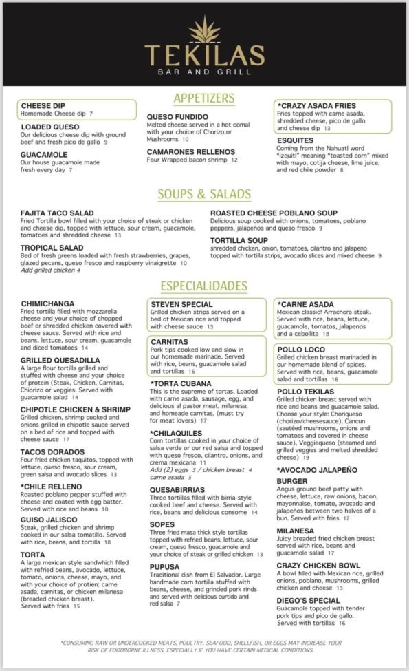 Tekilas Bar and Grill Menu with Prices