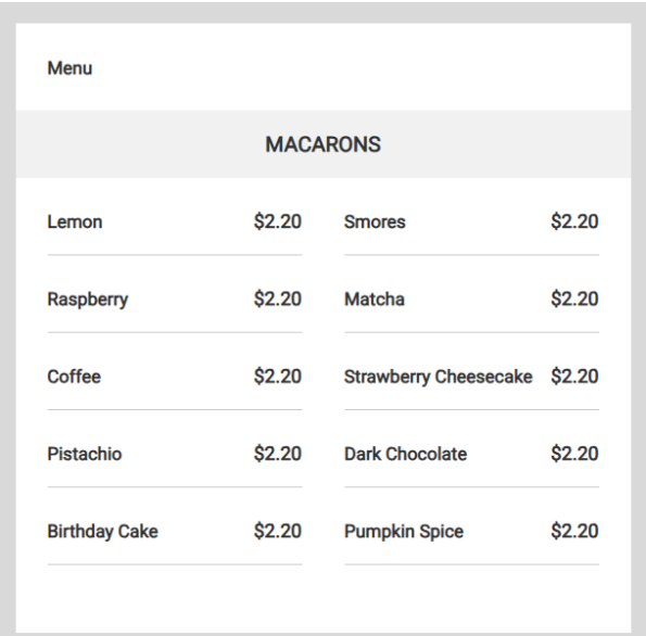 Alchemy Macarons menu — macaron flavors and prices, Rogers AR