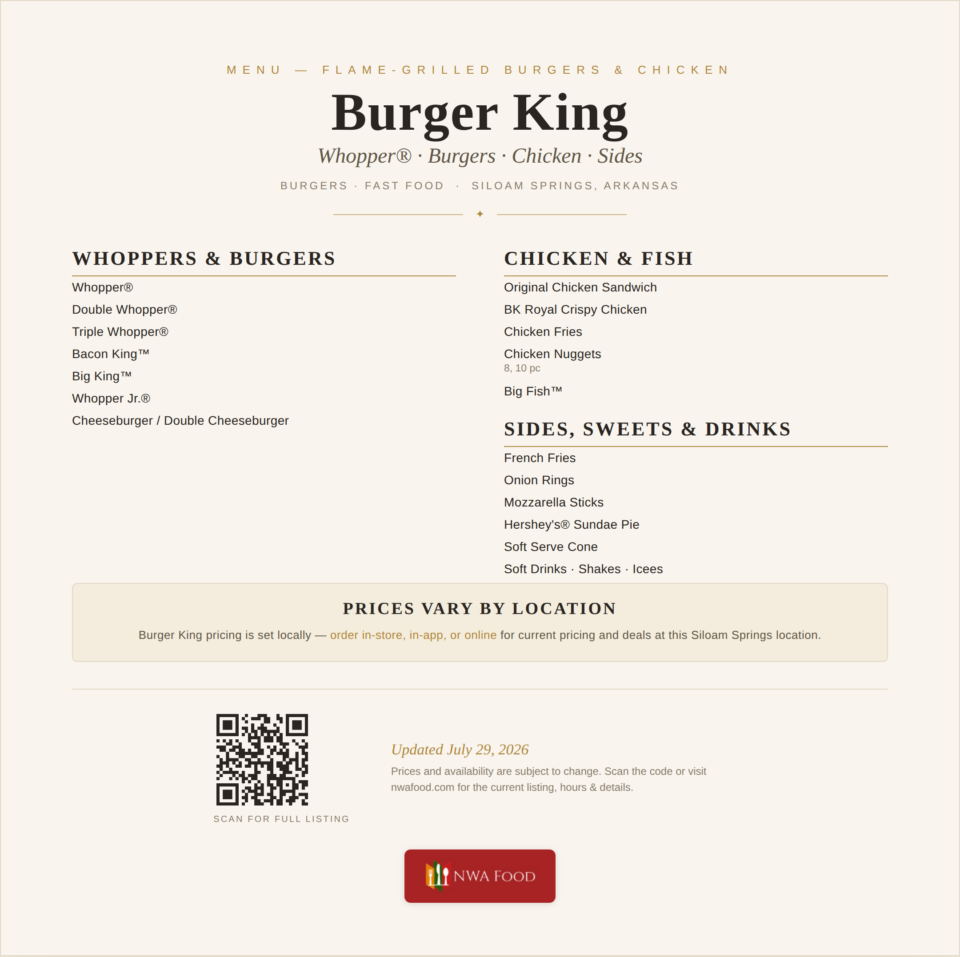 Burger King - Siloam Springs, AR - Menu