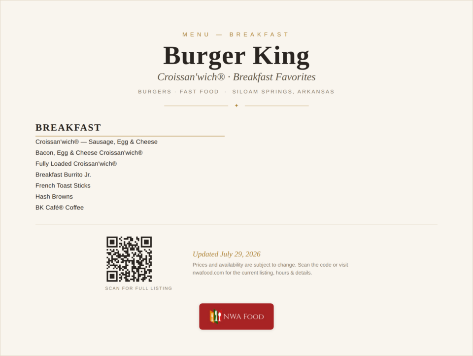 Burger King - Siloam Springs, AR - Menu