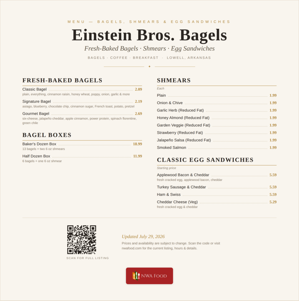 Einstein Bros. Bagels - Lowell, AR - Menu