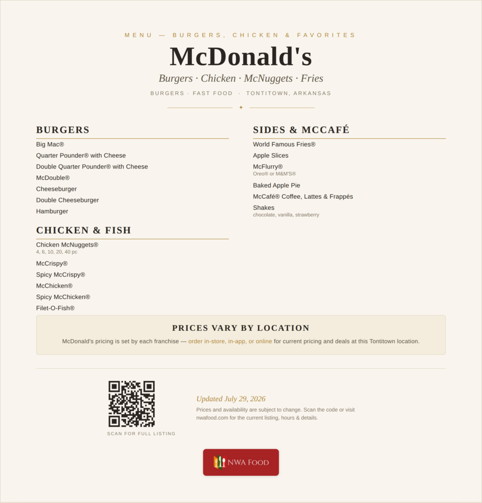 McDonald's - Tontitown, AR - Menu