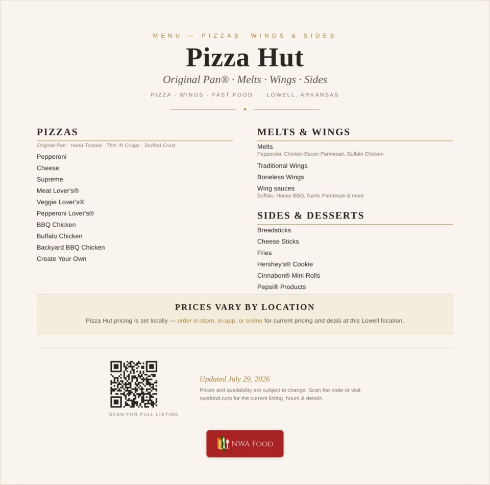 Pizza Hut - Lowell, AR - Menu