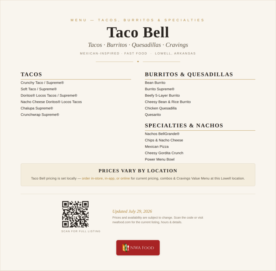 Taco Bell - Lowell, AR - Menu