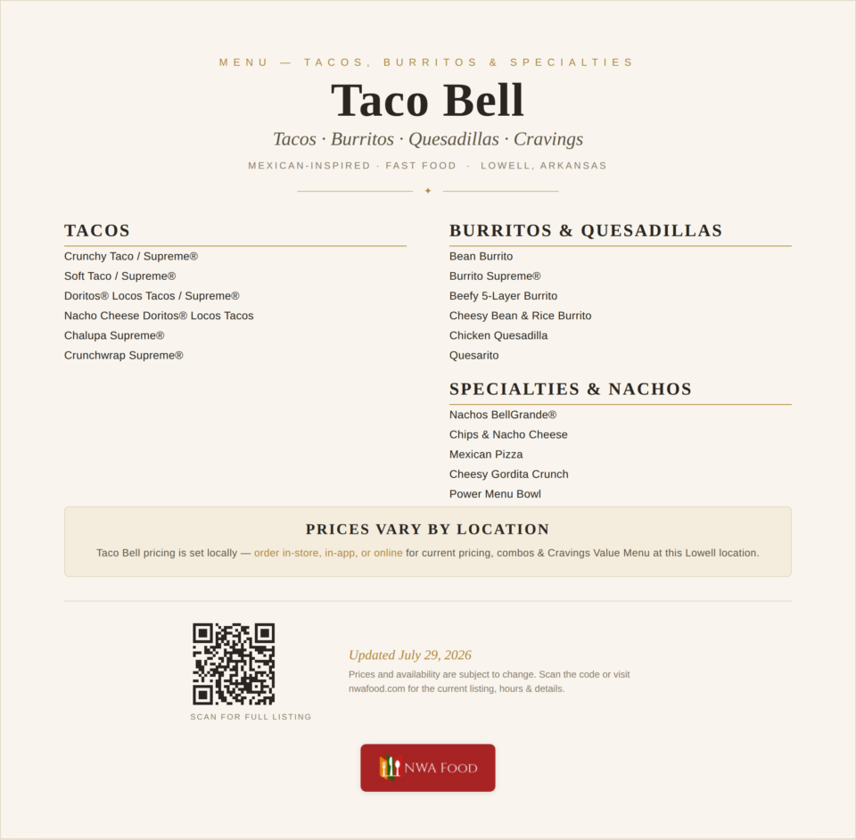 Taco Bell - Lowell, AR - Menu
