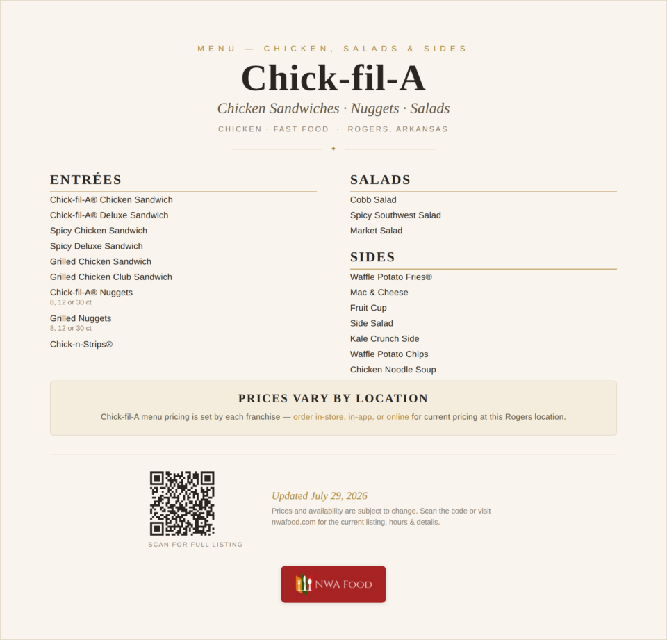 Chick-fil-A - Rogers, AR - Menu