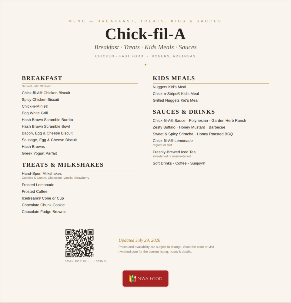 Chick-fil-A - Rogers, AR - Menu
