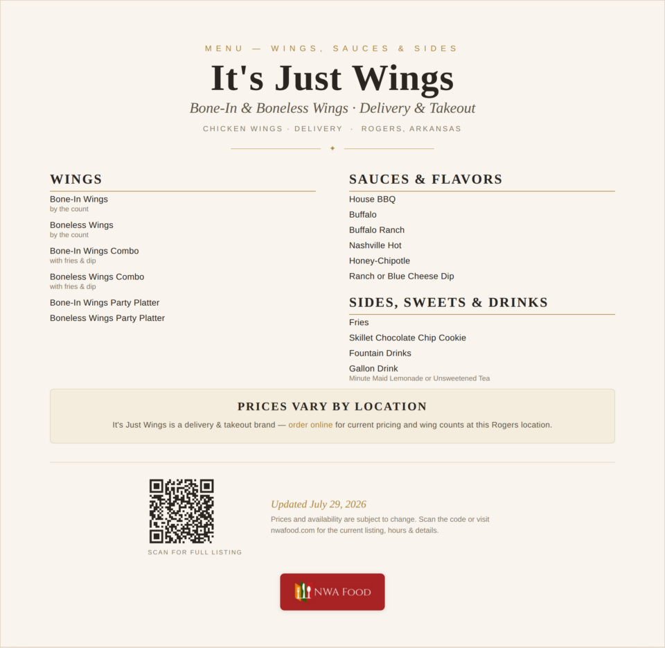 It's Just Wings - Rogers, AR - Menu