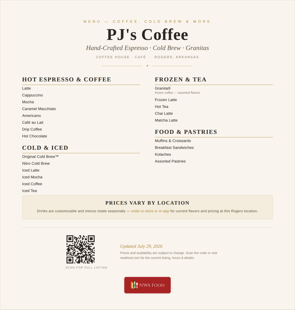 PJ's Coffee - Rogers, AR - Menu