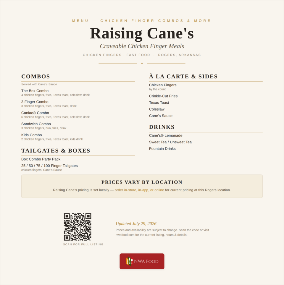 Raising Cane's - Rogers, AR - Menu