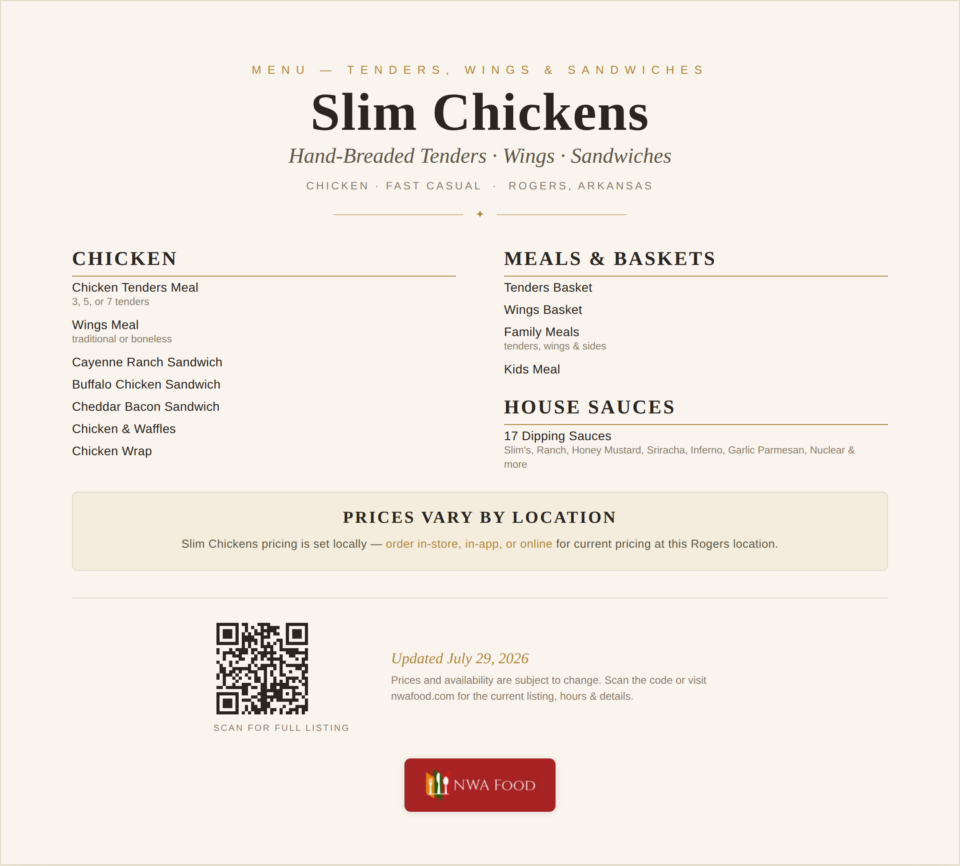 Slim Chickens - Rogers, AR - Menu