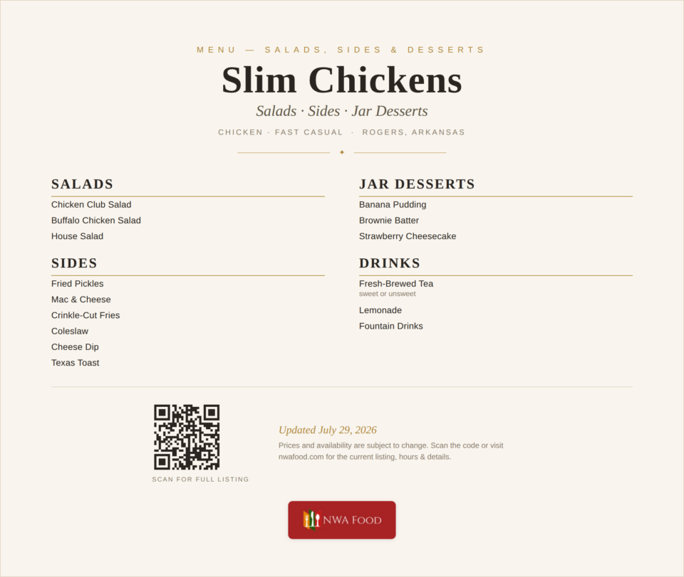 Slim Chickens - Rogers, AR - Menu