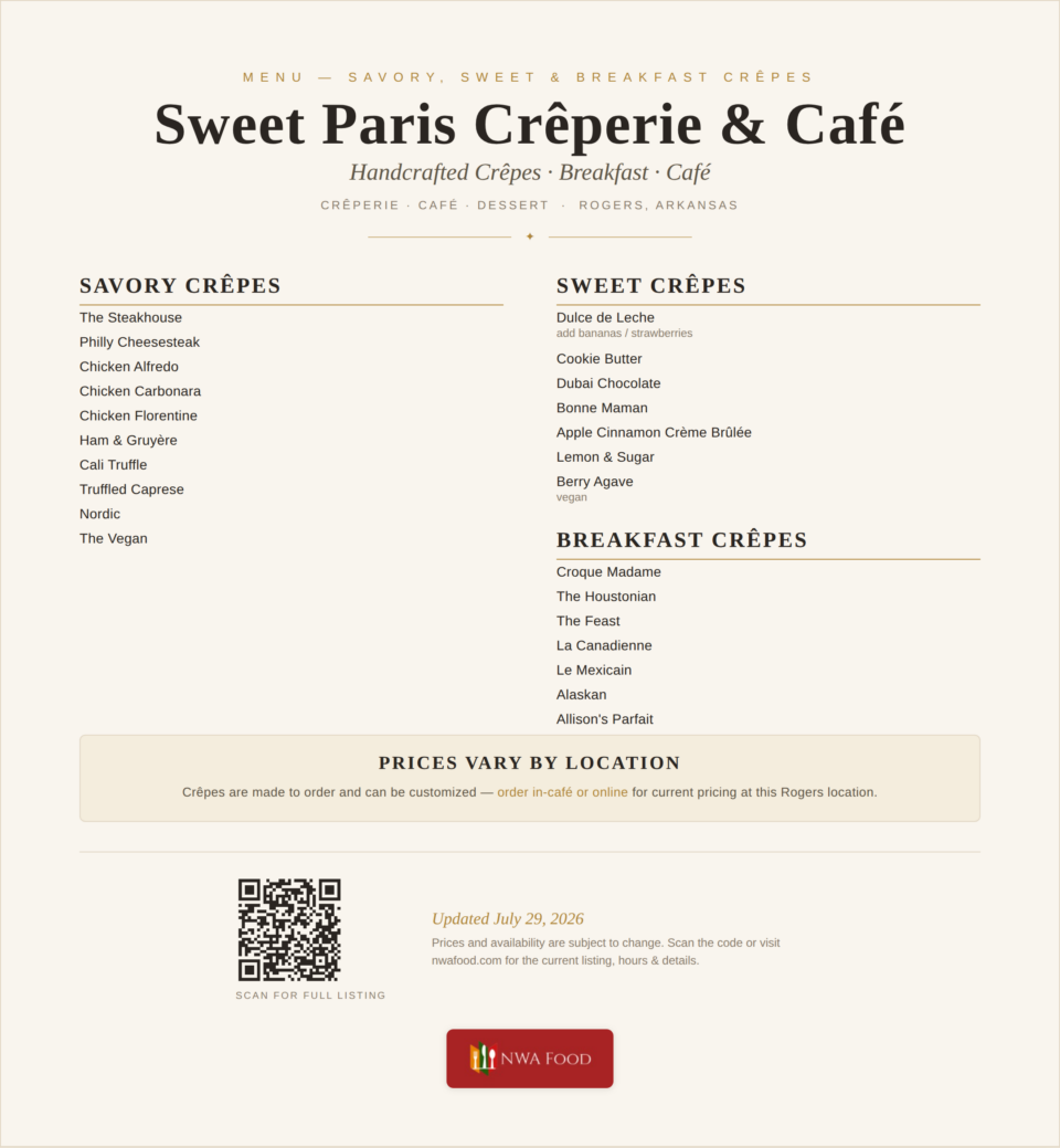Sweet Paris Creperie & Cafe - Rogers, AR - Menu