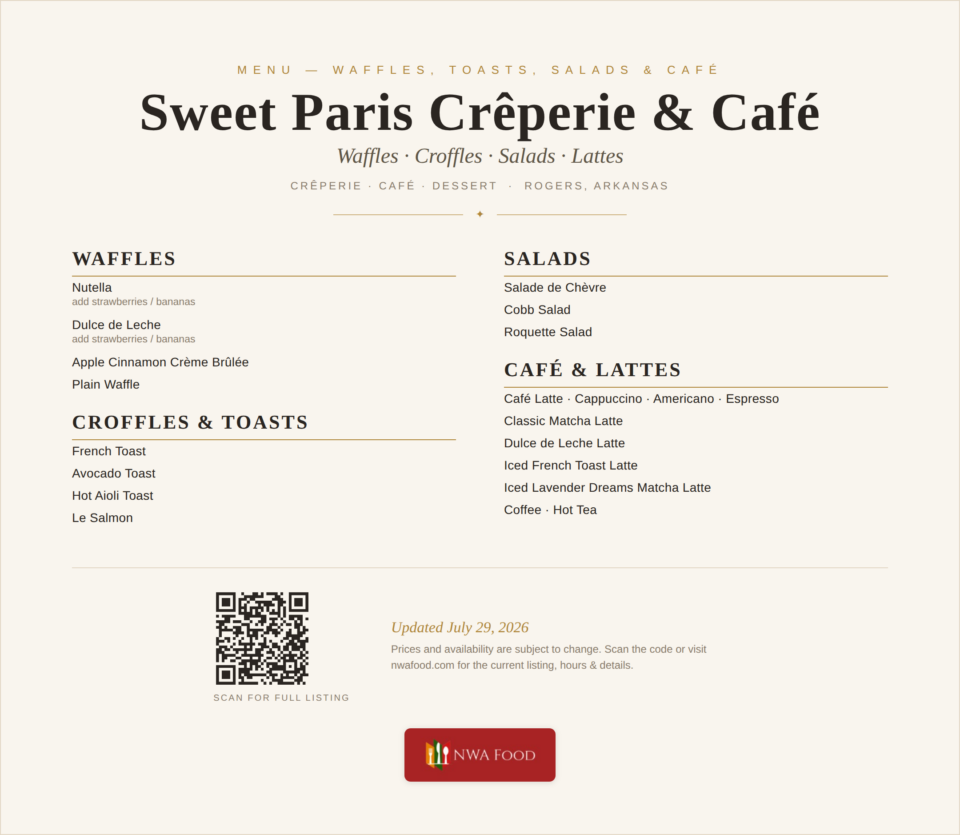 Sweet Paris Creperie & Cafe - Rogers, AR - Menu