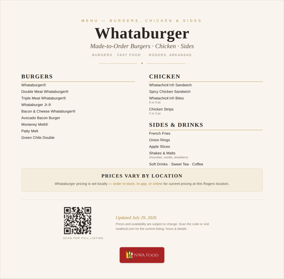 Whataburger - Rogers, AR - Menu
