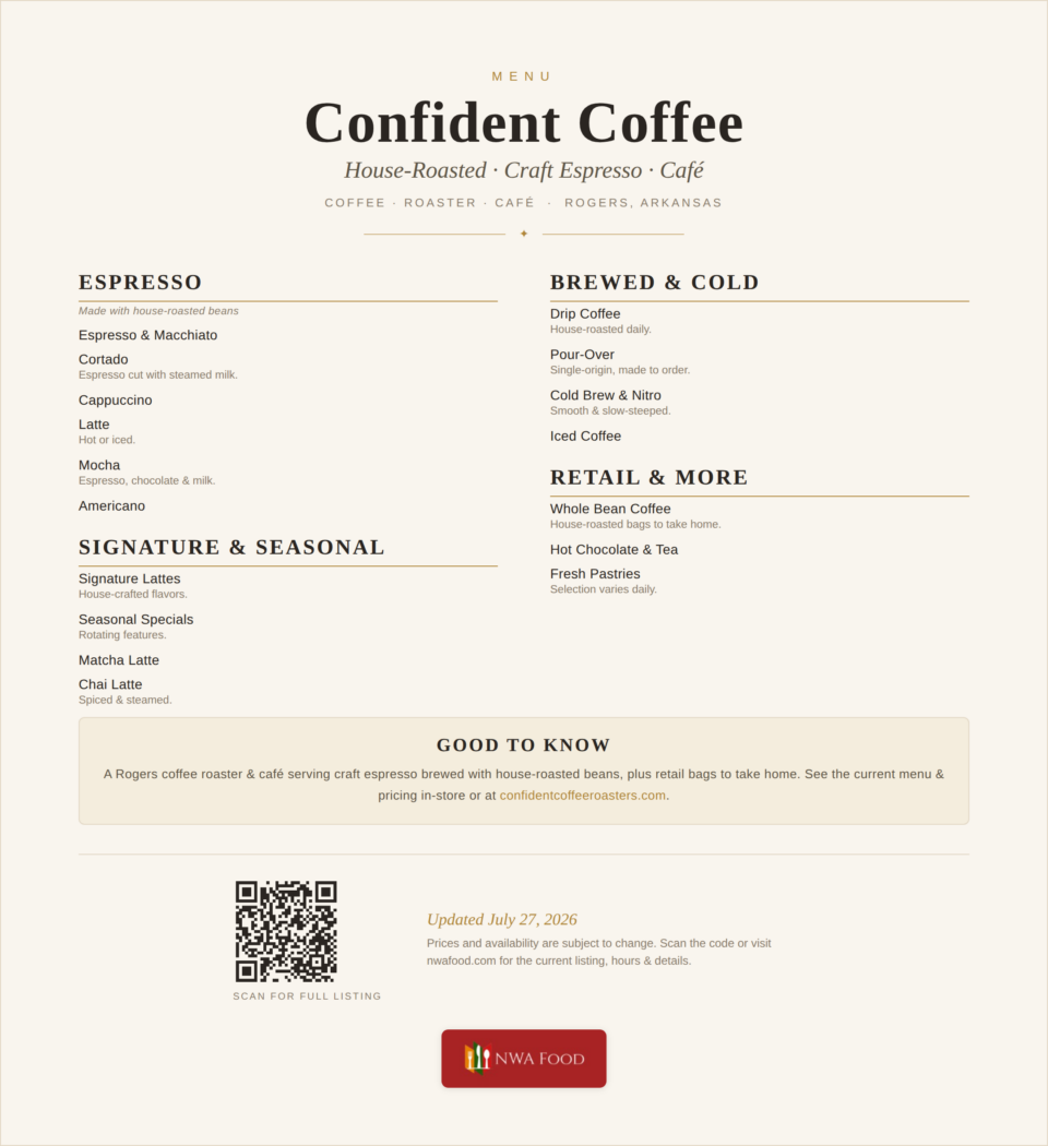 Confident Coffee Roasters - Rogers, AR - Menu