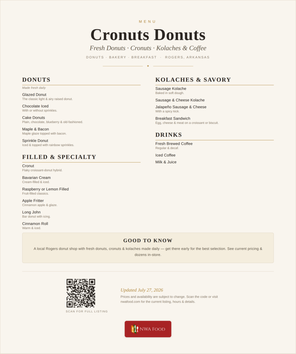 Cronuts Donuts - Rogers, AR - Menu