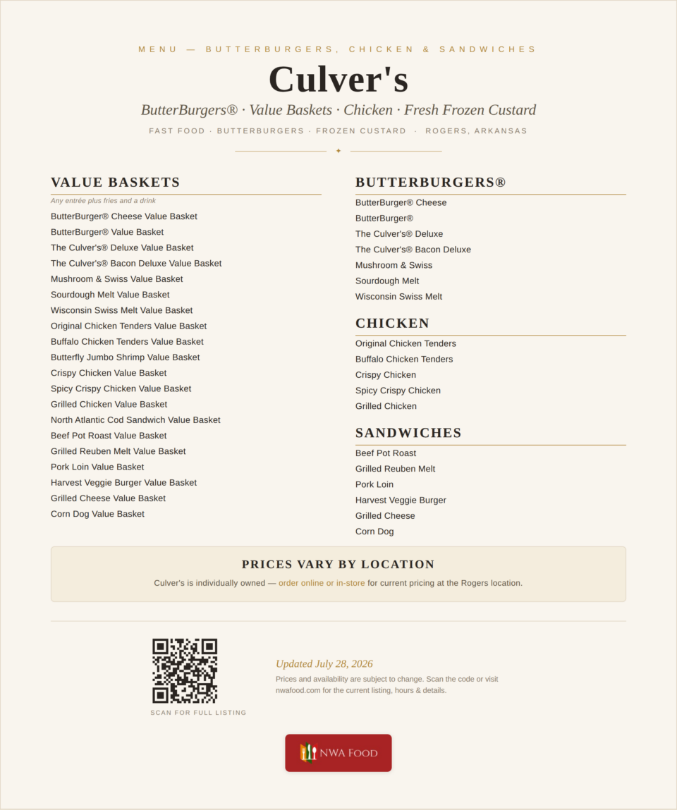 Culver's - Rogers, AR - Menu - 01