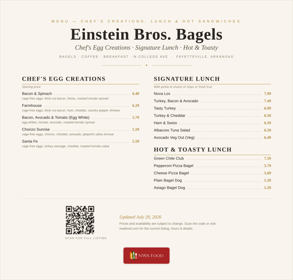 Einstein Bros. Bagels - Fayetteville, AR - Menu