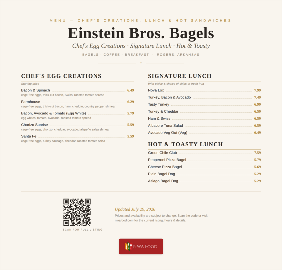 Einstein Bros. Bagels - Rogers, AR - Menu