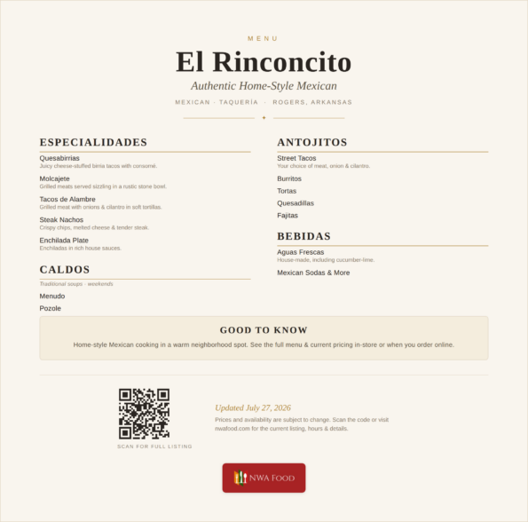 El Rinconcito menu of specialties, tacos and caldos in Rogers, Arkansas