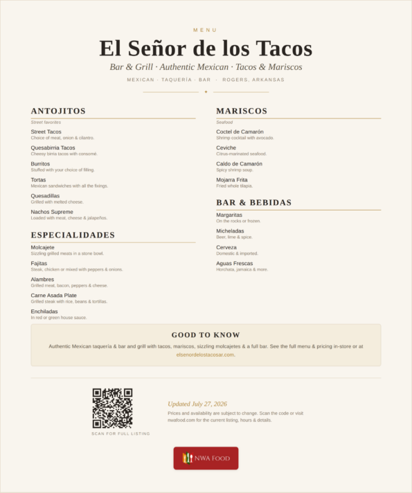 El Señor de los Tacos menu of tacos, mariscos and Mexican dishes in Rogers, Arkansas