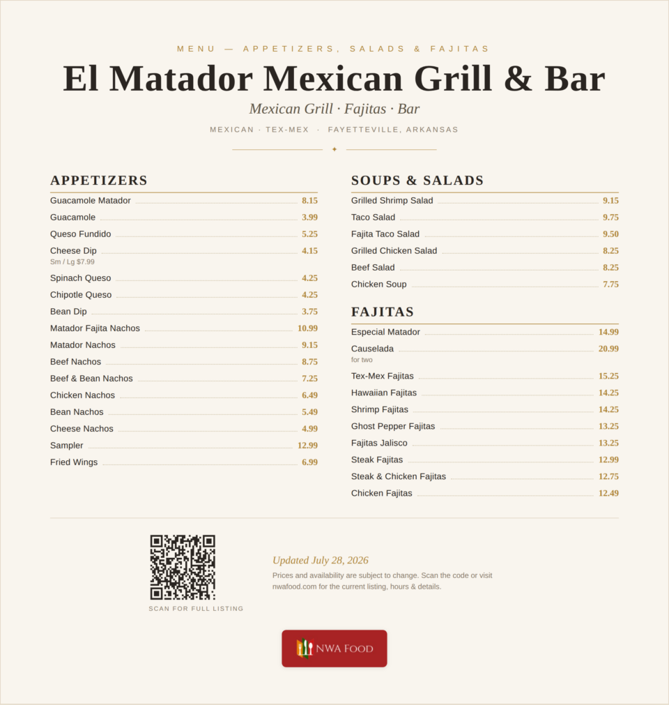 El Matador Mexican Grill & Bar - Fayetteville, AR - Menu with Prices - 01