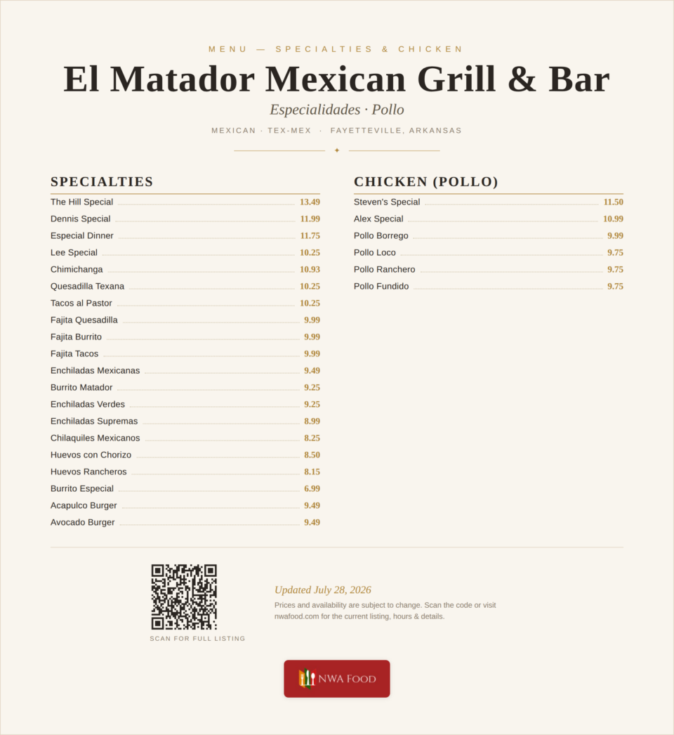El Matador Mexican Grill & Bar - Fayetteville, AR - Menu with Prices - 02