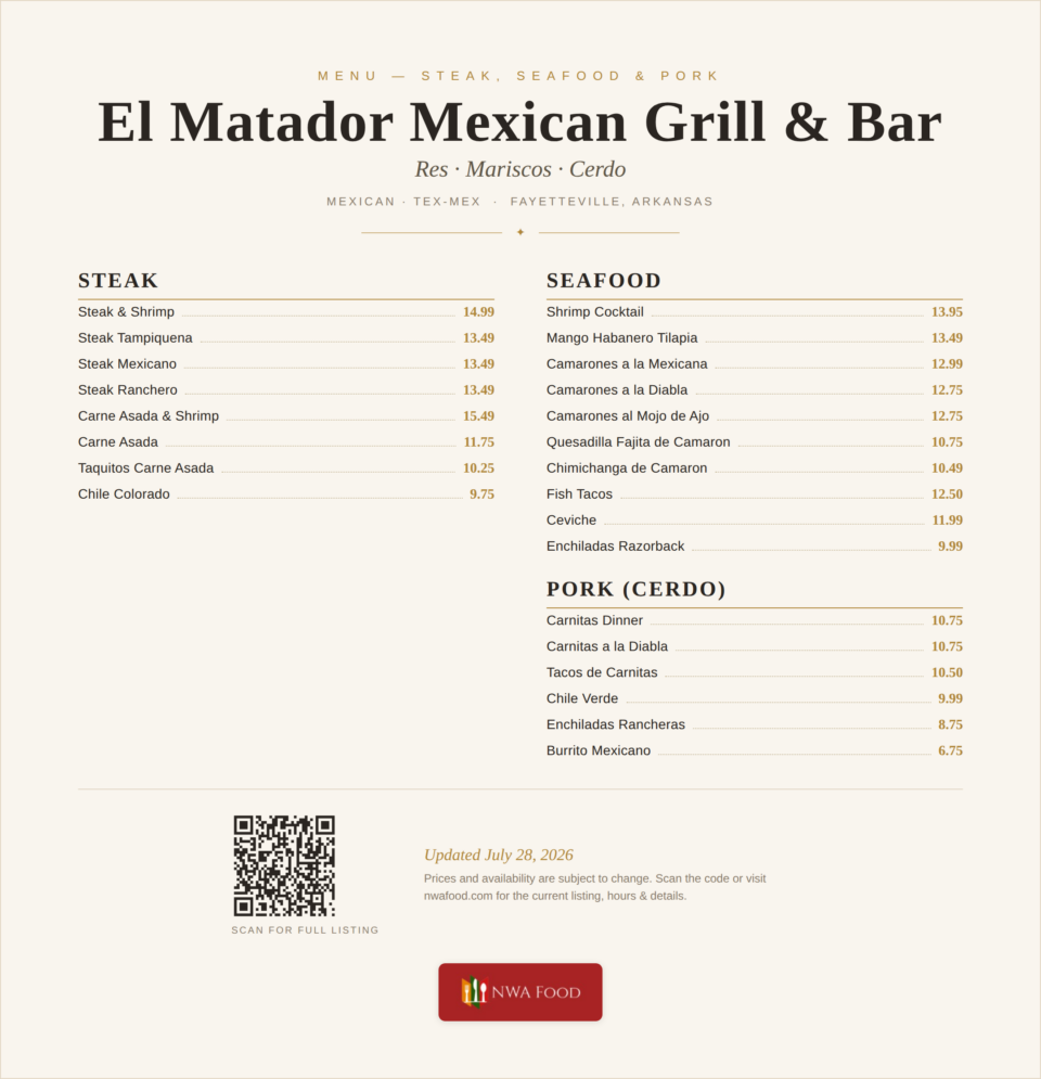 El Matador Mexican Grill & Bar - Fayetteville, AR - Menu with Prices - 03