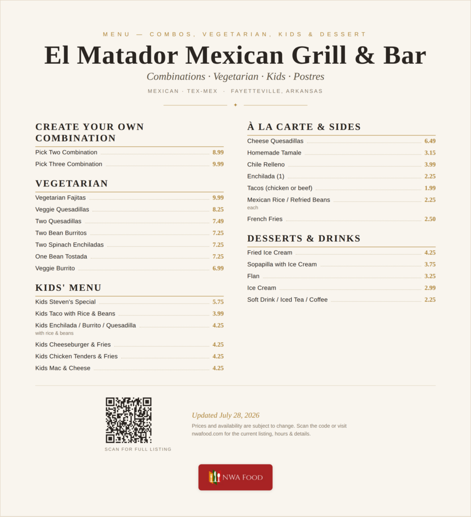 El Matador Mexican Grill & Bar - Fayetteville, AR - Menu with Prices - 04