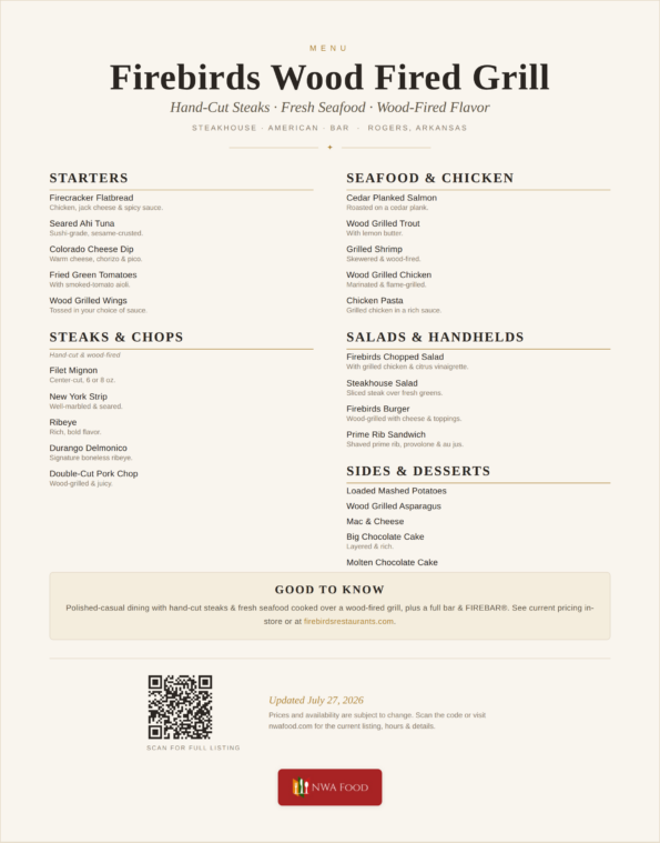 Firebirds Wood Fired Grill menu of hand-cut steaks and seafood in Rogers, Arkansas