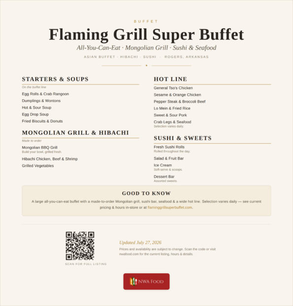 Flaming Grill Super Buffet menu with Mongolian grill, sushi and hot line in Rogers, Arkansas