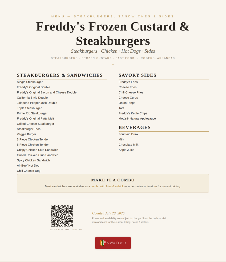 Freddy's Frozen Custard & Steakburgers - Rogers, AR - Menu - 01