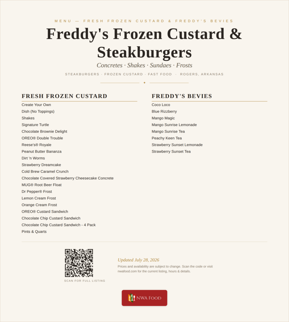 Freddy's Frozen Custard & Steakburgers - Rogers, AR - Menu - 02