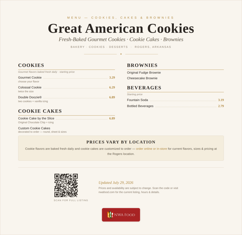 Great American Cookies - Rogers, AR - Menu