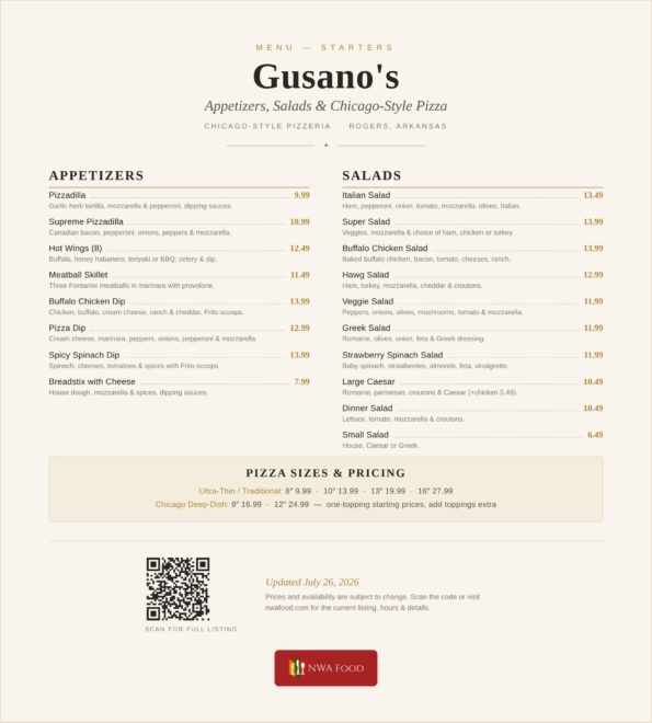 Gusano's Pizzeria menu — appetizers, salads and Chicago-style pizza pricing in Rogers, AR