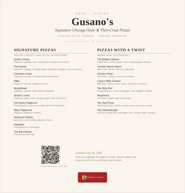 Gusano's Pizzeria menu — signature Chicago-style and thin-crust specialty pizzas in Rogers, AR