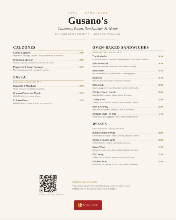 Gusano's Pizzeria menu — calzones, pasta, oven-baked sandwiches and wraps with prices in Rogers, AR