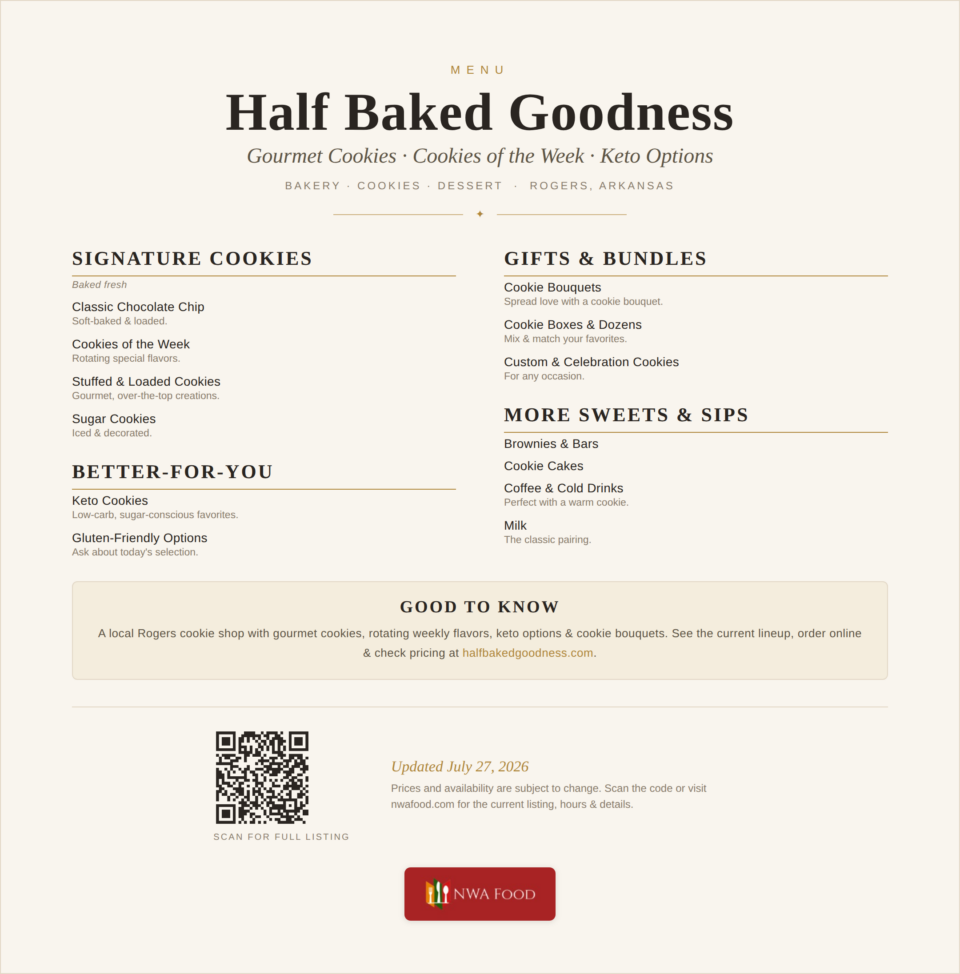 Half Baked Goodness - Rogers, AR - Menu