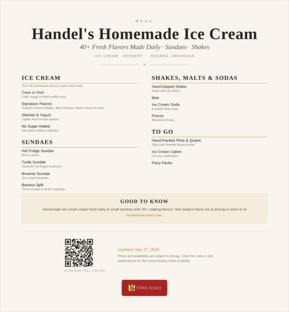 Handel's Homemade Ice Cream menu of flavors, sundaes and shakes in Rogers, Arkansas