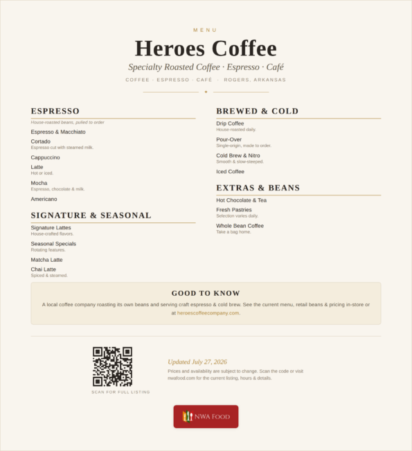 Heroes Coffee menu of espresso, signature lattes and cold brew in Rogers, Arkansas
