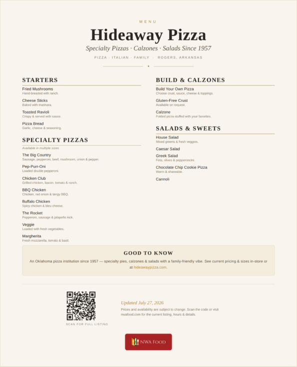 Hideaway Pizza menu of specialty pizzas, calzones and salads in Rogers, Arkansas