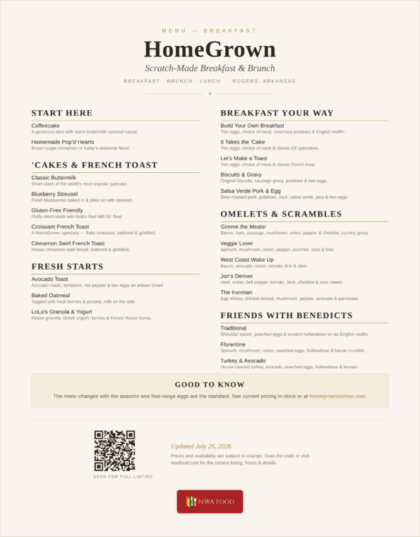 HomeGrown menu — scratch-made breakfast, pancakes, omelets and benedicts in Rogers, AR