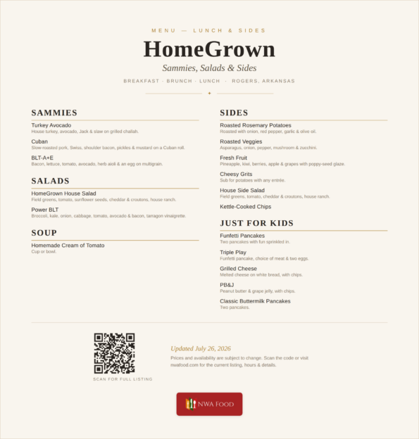 HomeGrown menu — lunch sammies, salads, soup and sides in Rogers, AR