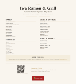 Iwa Ramen & Grill menu of ramen, Japanese BBQ and sushi in Rogers, Arkansas