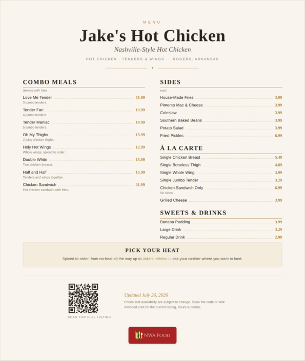 Jake's Hot Chicken menu — Nashville hot tenders, wings, sandwiches and Southern sides with prices in Rogers, AR