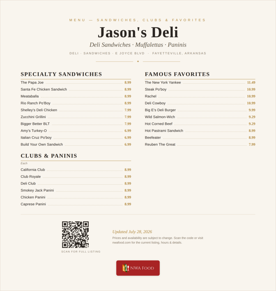 Jason's Deli - Fayetteville, AR - Menu with Prices - 01