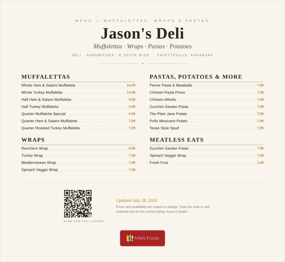 Jason's Deli - Fayetteville, AR - Menu with Prices - 02