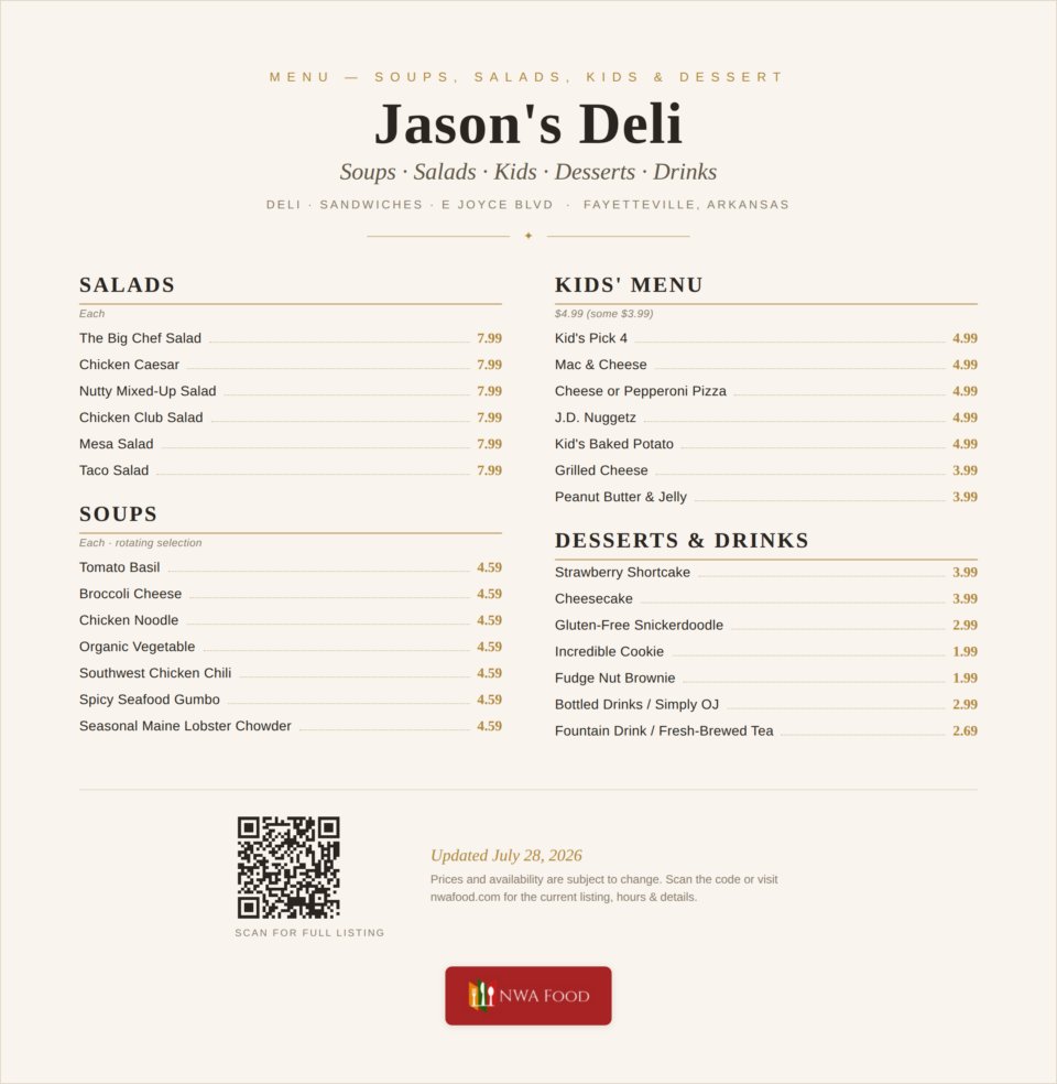 Jason's Deli - Fayetteville, AR - Menu with Prices - 03